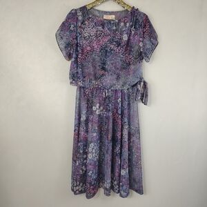 Vintage 70s Lady Carol Women's Purple Floral Blouson Midi Dress Size 20 Romantic